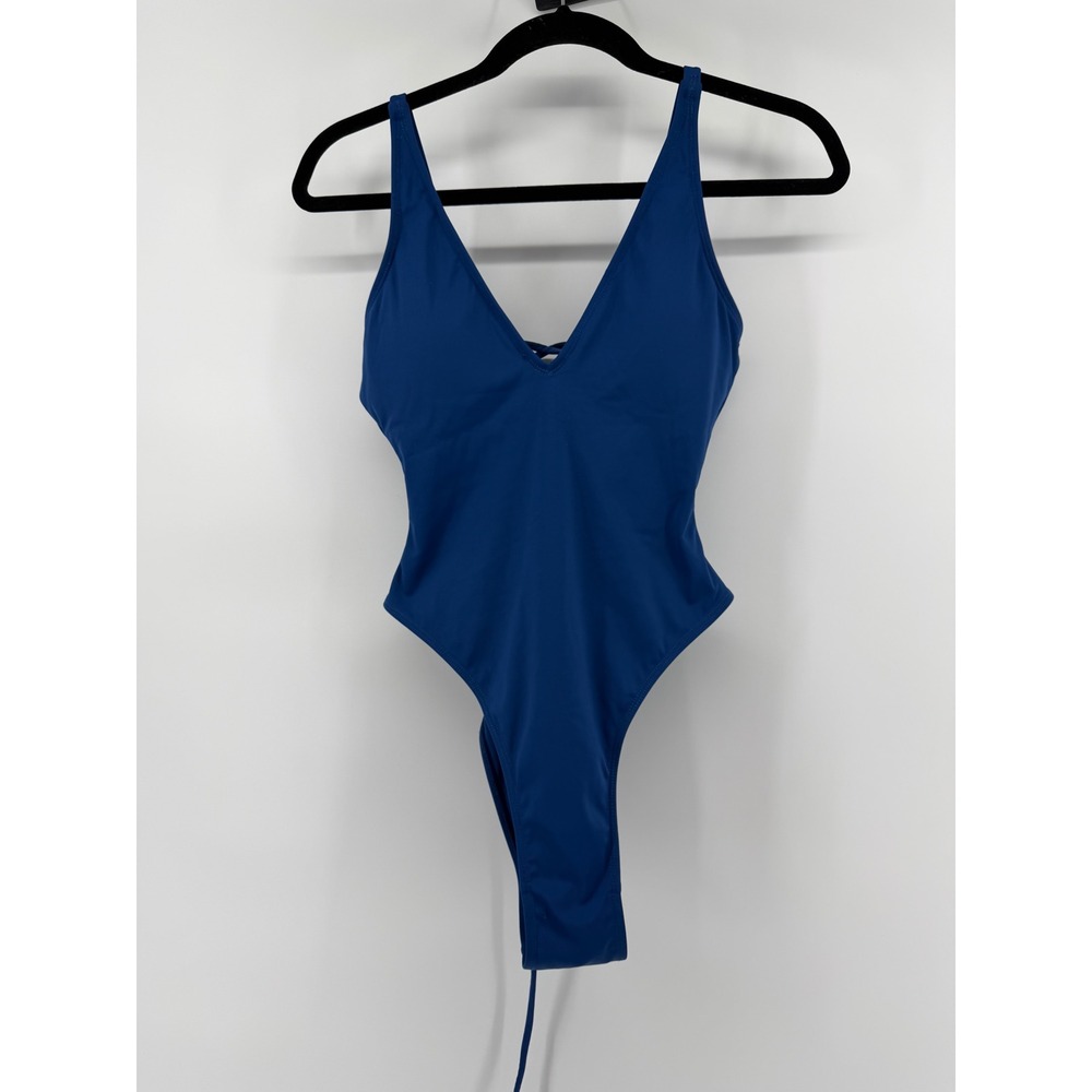 TA3 Swim Hi Cut Plungey One Piece Swimsuit Blue Lace Up Corset Back Small RL 4.0